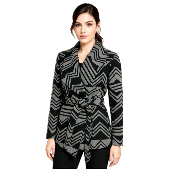 Charlotte Russe Jackets & Blazers - Wool Blend Coat Belted Wrap Geometric Zigzag Charlotte Russe Black Gray Small S